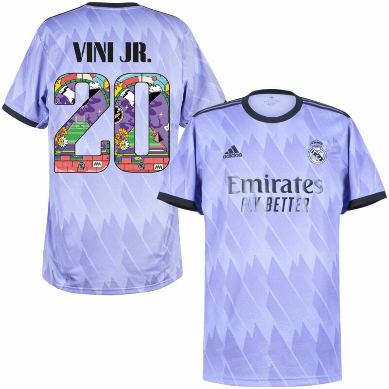 Camisa Real Madrid Roxo Vini Jr. #20 2022/23 common goal Camisa Real Madrid Roxo Vini Jr. #20 2022/23 common goal