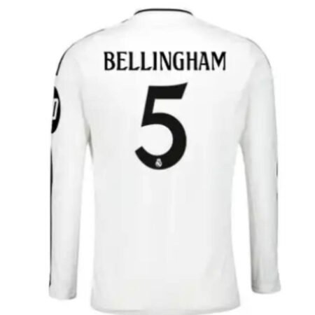 Camisa Titular Real Madrid Bellingham #5 Branca 2024/25 Manga Longa