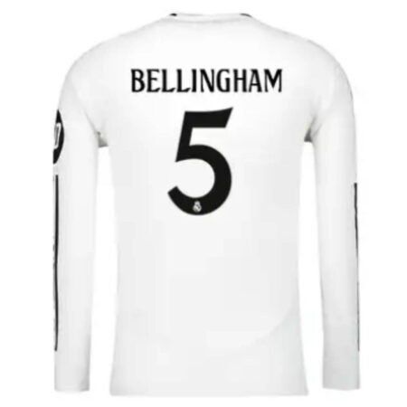 Camisa Titular Real Madrid Bellingham #5 Branca 2024/25 Manga Longa Jogador