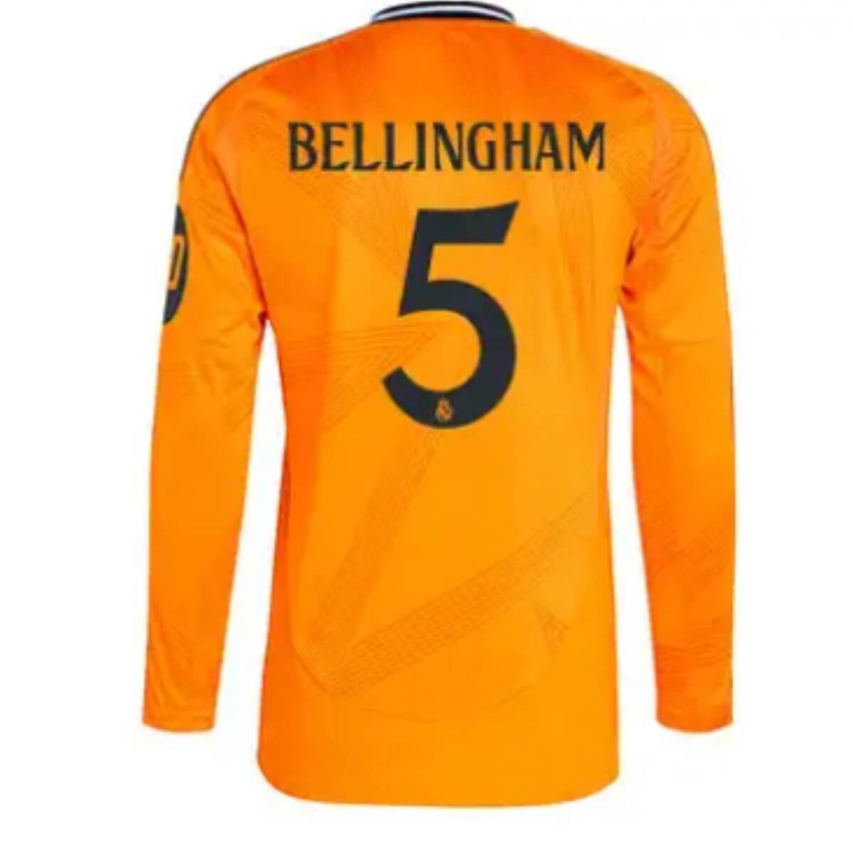 Camisa-reserva-Real-Madrid-bellingham-5-laranja-2024-25-Manga-Longa-loja-malta-esportes Camisa Reserva Real Madrid Bellingham #5 Laranja 2024/25 Manga Longa