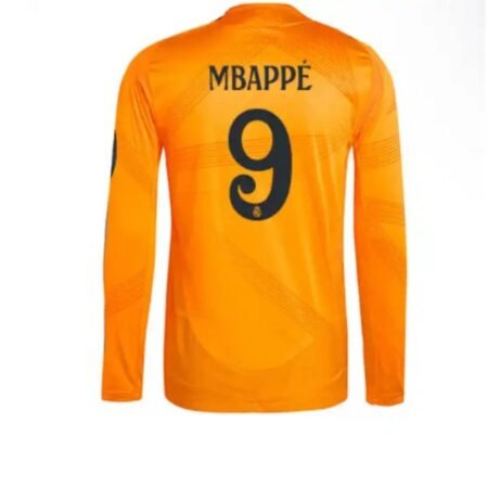 Camisa Reserva Real Madrid Mbappe #9 Manga Comprida 2024/25 Laranja Jogador