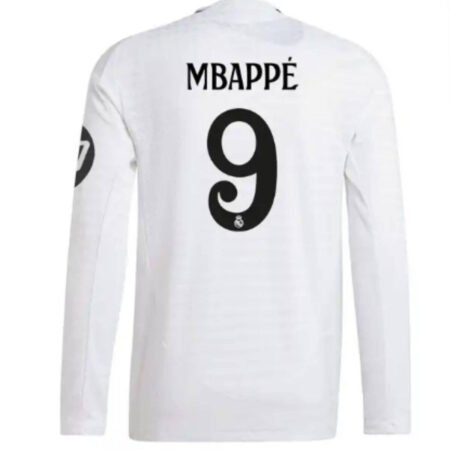 Camisa Titular Real Madrid Mbappe #9 Manga Comprida 2024/25 Branca Jogador