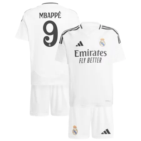 Kit Infantil Real Madrid Titular Mbappe #9 Branca I 2024/25