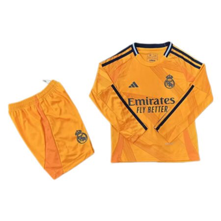 Kit Infantil Real Madrid Laranja Away Manga Longa 2024/25 Unissex