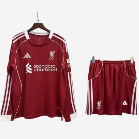 Kit Infantil Liverpool Vermelha 2025/26 Home Manga Longa