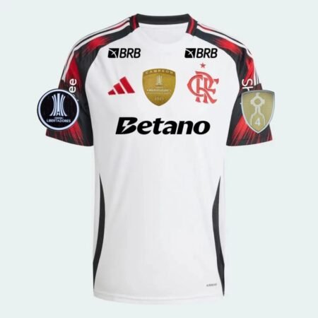 Camisa do Flamengo Campeão Libertadores 2025 Branca Reserva Todos os Patrocinadores