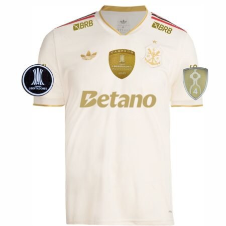 Camisa do Flamengo Campeão Libertadores 2025 Creme Terceira Todos os Patrocinadores