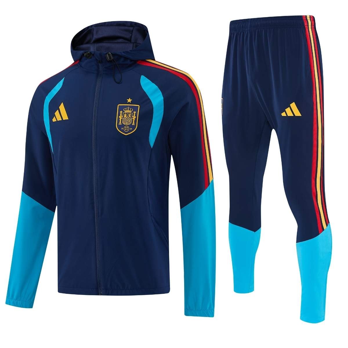 kit-corta-vento-espanha-2026-27-azul-escuro-masculino Conjunto Treino Espanha Calça e Jaqueta Azul C/Capuz 2026/27 Masculina