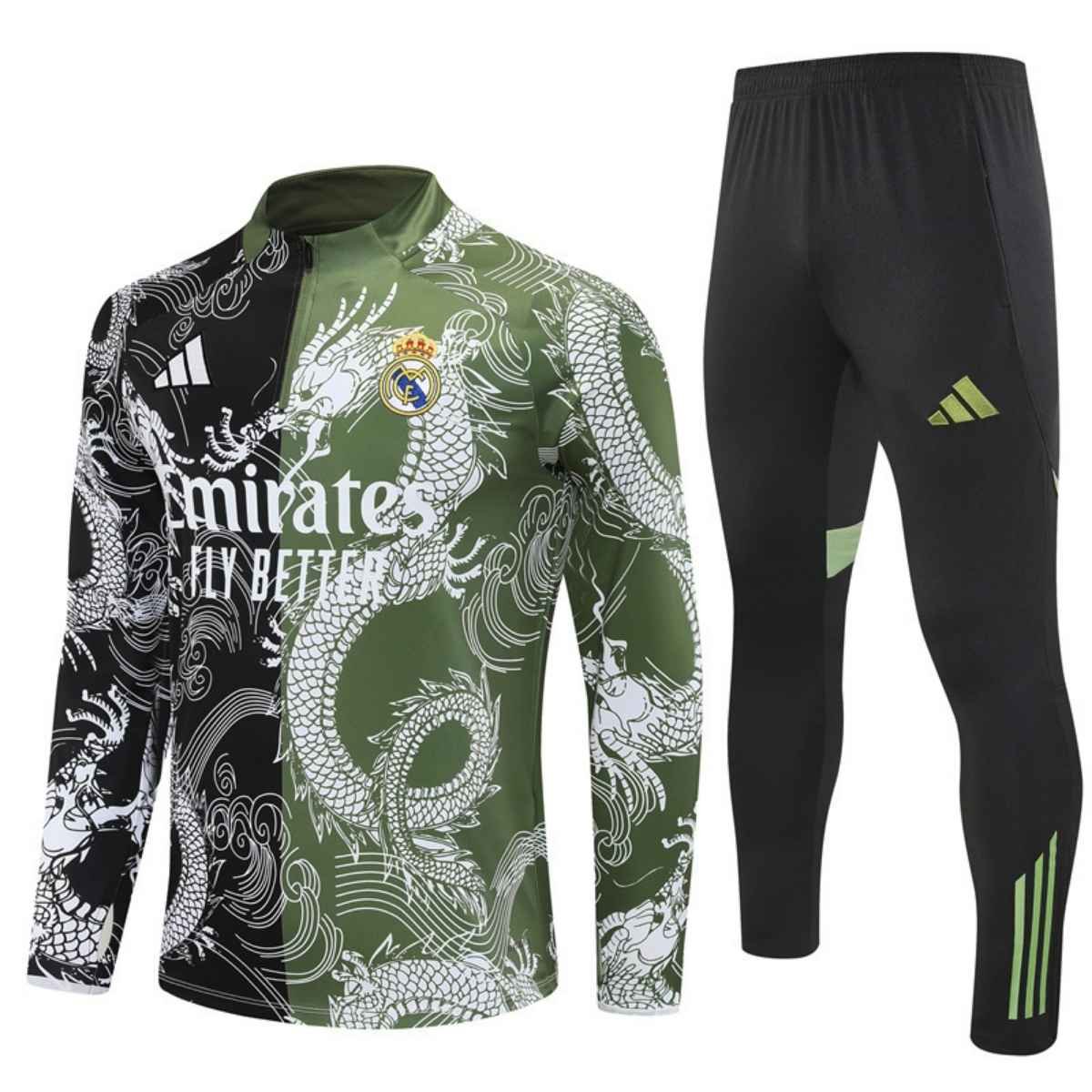 kit-treino-real-madrid-2025-26-preto-verde-masculino Conjunto Treino Real Madrid Calça e Jaqueta Dragão Preto/Verde 2025/26 Masculina