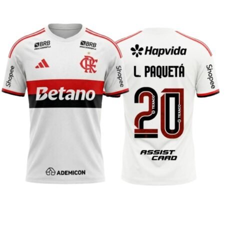 Camisa Flamengo Branca L. Paquetá #20 2026/27 Reserva II Todos os Patrocinadores Masculina