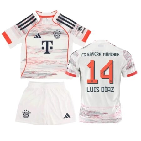 Kit Infantil Bayern de Munique Branca Luis Díaz #14 2025/26 Away Unissex