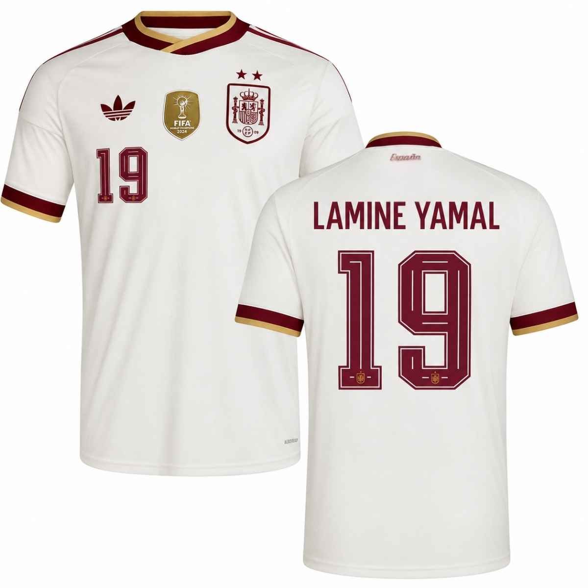 camisa-espanha-branca-campeã-copa-2026-lamine-yamal-19-home-masculina Camisa Espanha Branca 2 Estrelas Lamine Yamal #19 Campeã 2026/27 Away II Masculina