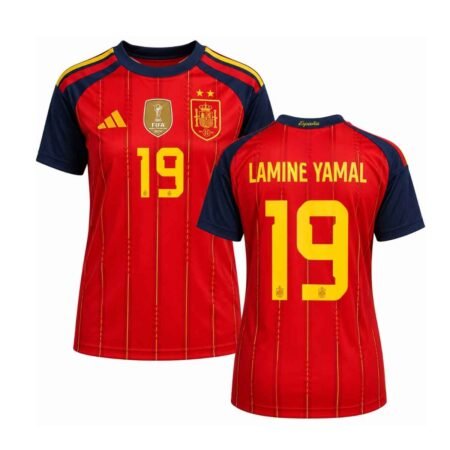Camisa Espanha Vermelha 2 Estrelas Campeã 2026/27 Home Lamine Yamal #19 Feminina