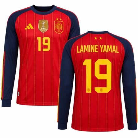 Camisa Espanha Vermelha 2 Estrelas Campeã 2026/27 Home Lamine Yamal #19 Manga Longa