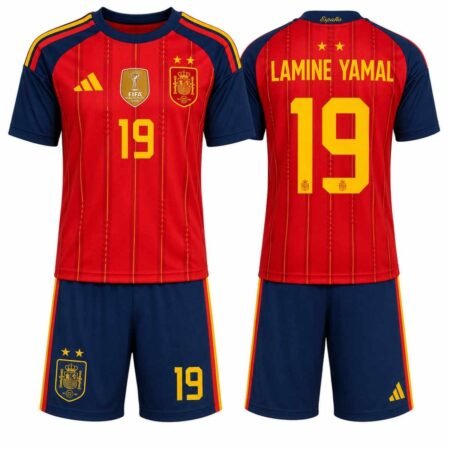 Kit Infantil Espanha Vermelho 2 Estrelas Campeã Copa 2026/27 Lamine Yamal  Home I Unissex