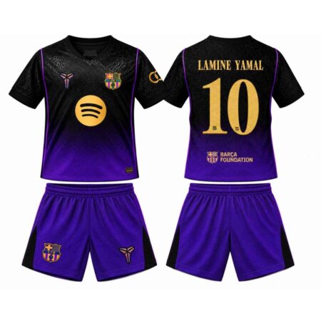 Kit Infantil Barcelona FC Lamine Yamal #10 Roxo Refletiva 2026/27 Away II Unissex